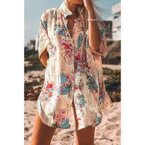 Beige Multi Color Floral Stripe Oversized Shirt